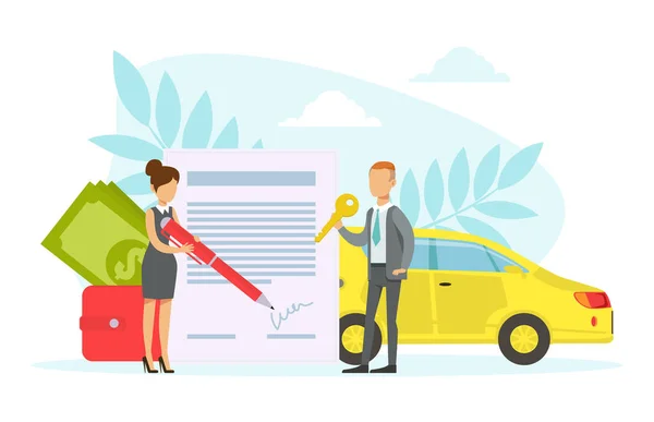Tiny Car Salesman Giving New Car Key to Woman, Customer Signing Auto Insurance Document Flat Vector Illustration — Stock Vector