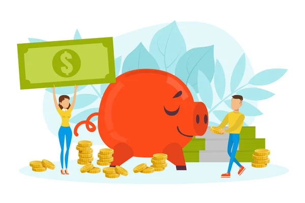 Tiny People and Huge Piggy Bank, Finance Investment and Planning Concept Flat Vector Illustration — стоковий вектор