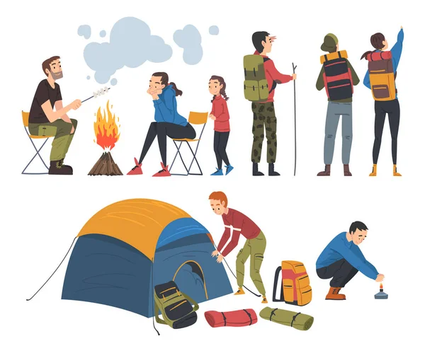 自然の中を旅する人々、たき火やハイキングの近くでキャンプをする観光客、夏のアドベンチャー旅行漫画スタイルベクトルイラスト — ストックベクタ