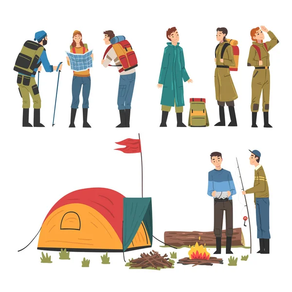 Pessoas que viajam no conjunto da natureza, Turistas Acampar perto de fogueira, Caminhadas e Pesca, Verão Aventura Viagem Cartoon Style Vector Ilustração — Vetor de Stock