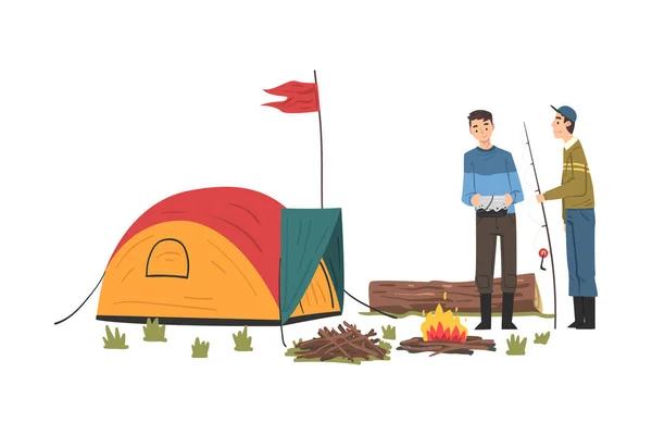 Pessoas acampar perto de fogueira, Homens caminhadas e pesca, Summer Adventure Trip Cartoon Style Vector Ilustração — Vetor de Stock