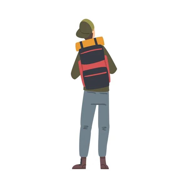 Mužská turistická postava, Pohled na člověka s batohem, Letní dobrodružství Trip Cartoon Style Vector Illustration — Stockový vektor