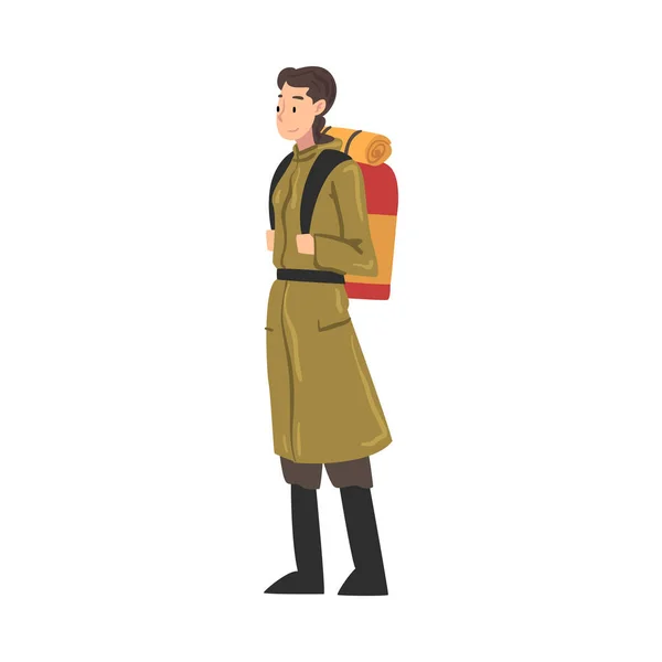 Menina personagem turístico caminhadas na natureza, Mulher em Explorer Roupa em pé com mochila, Summer Adventure Trip Cartoon Style Vector Ilustração — Vetor de Stock