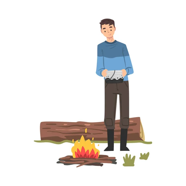 站在篝火边的男人，男性游客性格的提升和对自然的垂钓，夏季探险卡通人物风格的病媒图解 — 图库矢量图片