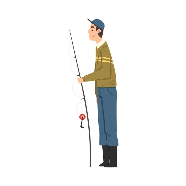 Fisherman Standing with Fishing Rod, Χόμπι, Καλοκαίρι Εξωτερική δραστηριότητα Cartoon Style Εικονογράφηση διάνυσμα — Διανυσματικό Αρχείο