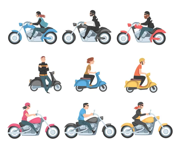 Människor Riding Motorcyklar och skotrar Set, Side View of Young Men and Women Riding on Two Wheels Transport Concept Cartoon Style Vector Illustration — Stock vektor