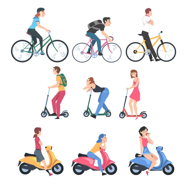 Persone che guidano biciclette, Kick Scooter e scooter Set, Vista laterale di giovani uomini e donne che guidano due ruote Concetto di trasporto Cartoon Style Vector Illustration — Vettoriale Stock