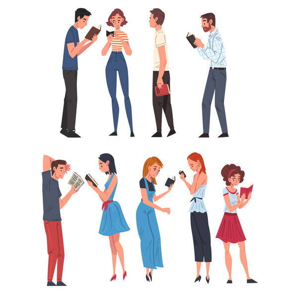 Люди, читающие книги во время стоячего набора, ученики, изучающие или готовящиеся к экзаменам, любители книг, поклонники литературы, векторные иллюстрации в стиле мультфильма