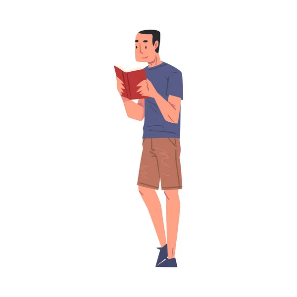 Mladý muž čtení knihy při stojící, Muž studentské postavy Studium nebo příprava na zkoušku, milovník knih, literatura Fan Cartoon Style Vector Illustration — Stockový vektor