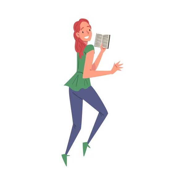 Chica Sonriente Feliz con Libro, Estudiante Femenina Estudiando o Preparándose para el Examen, Amante del Libro Estilo de Dibujos Animados Vector Ilustración — Vector de stock