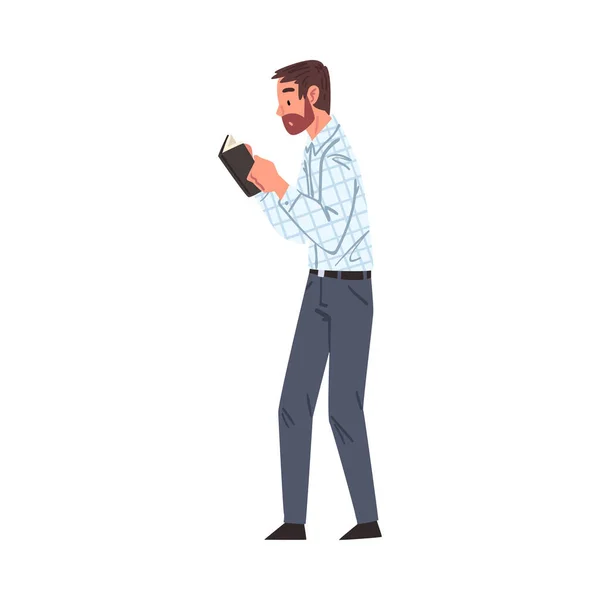 Guy Reading Book tijdens het wandelen, Jonge Man Student Karakter Studeren of voorbereiden op examen, Book Lover, Literatuur Fan Cartoon Style Vector Illustratie — Stockvector