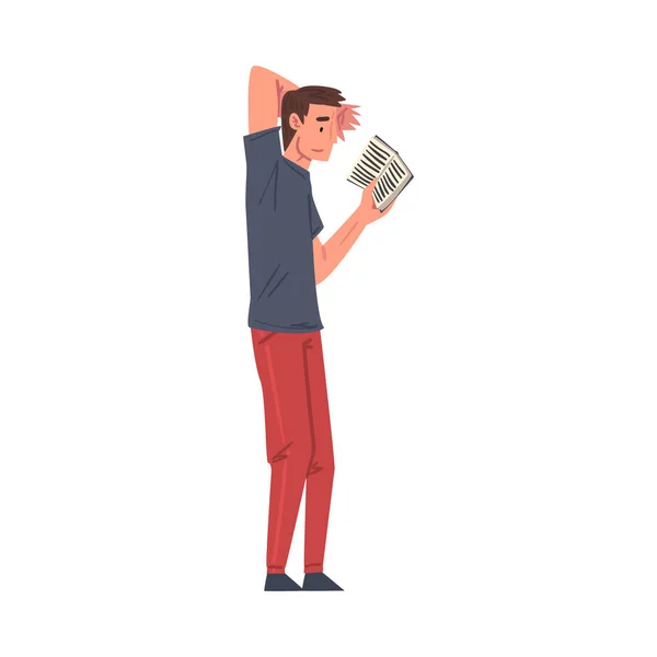 Guy lisant un livre debout, étudiant personnage étudiant ou se préparant à l'examen, amoureux du livre, littéraire fan de dessin animé style vectoriel Illustration — Image vectorielle