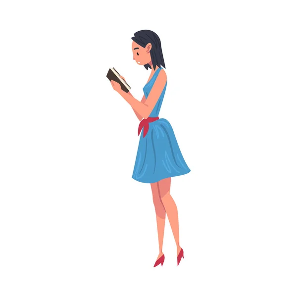 Side View of Pretty Girl Reading Book while Standing, Female Student Character Studying or Preparing for Exam, Book Lover, Literature Fan Cartoon Style Vector Illustration - Stok Vektor