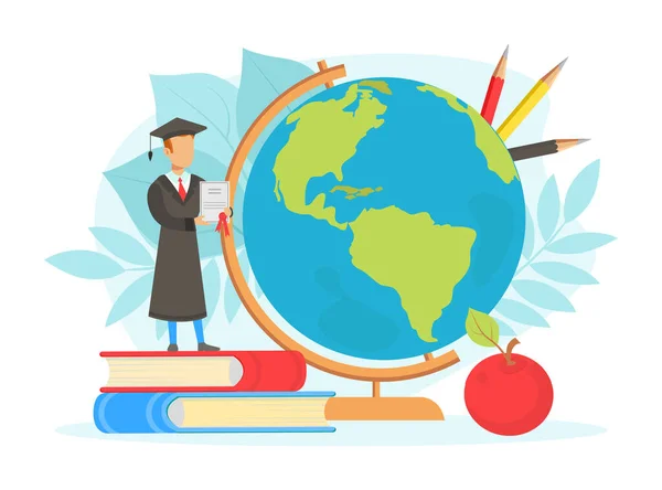 Étudiant diplômé debout sur la pile de livres à côté de la Terre Globe, Étudiant international, Global Education Concept Flat Vector Illustration — Image vectorielle