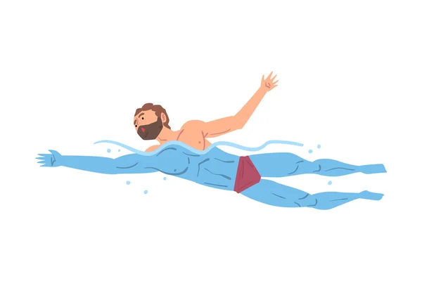 Hombre barbudo nadando en la piscina, persona en traje de baño realizando actividades acuáticas, natación acuática deporte dibujos animados estilo vector ilustración — Vector de stock