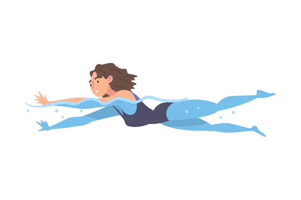 Młoda kobieta w basenie, Dziewczyna w stroju kąpielowym Wykonywanie aktywności wodnych, Pływanie w wodzie Sport Cartoon Style Wektor ilustracji — Wektor stockowy