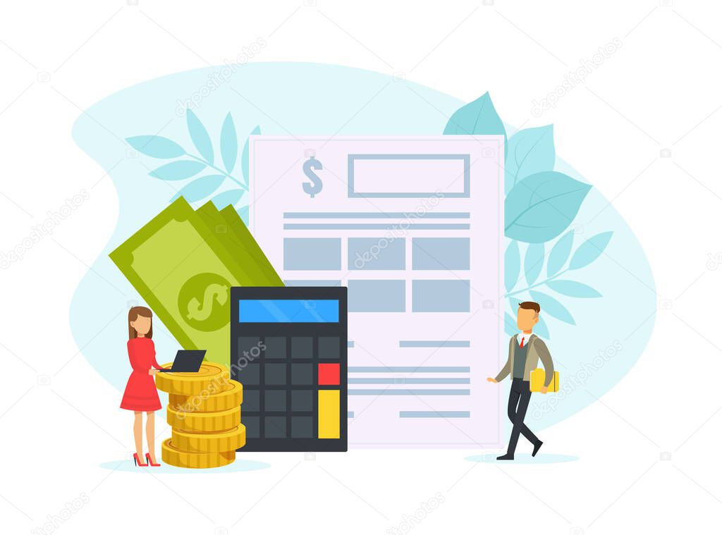 Tax Payment Concept, Tiny Business People Calculating Document for Taxes Flat Vector Illustration