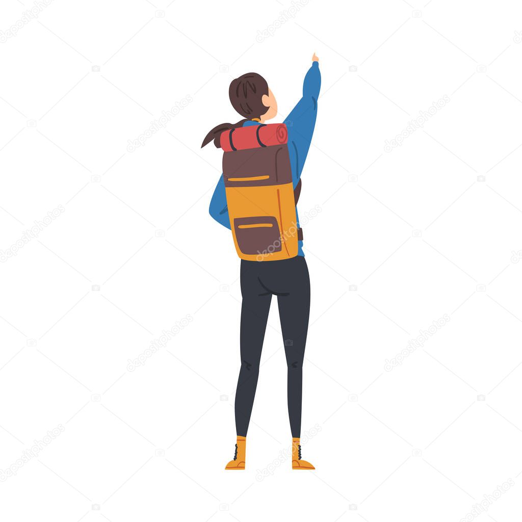 Girl Tourist Character, Back View of Woman with Backpack Pointing into Distance, Summer Adventure Trip Cartoon Style Vector Illustration