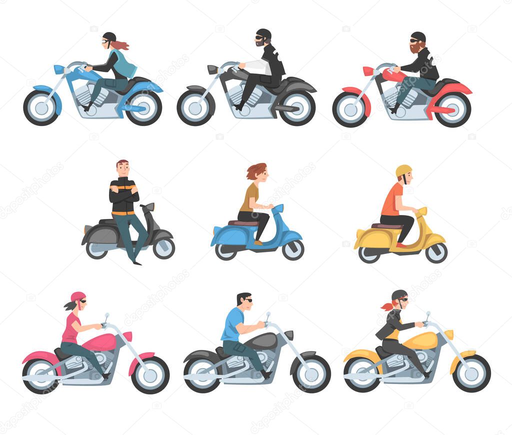 People Riding Motorcycles and Scooters Set, Side View of Young Men and Women Riding on Two Wheels Transport Concept Cartoon Style Vector Illustration