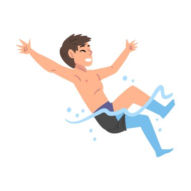 Yüzme havuzuna atlayan çocuk, mayo giyen kişi su aktiviteleri yapan kişi, su yüzme sporu çizgi film stili illüstrasyonu.