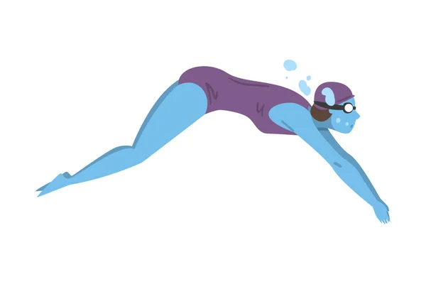 Athletin schwimmt im Pool unter Wasser, Person in Badebekleidung und Mütze führt Wasseraktivitäten aus, Wasserschwimmen Sport Cartoon-Vektor-Illustration — Stockvektor