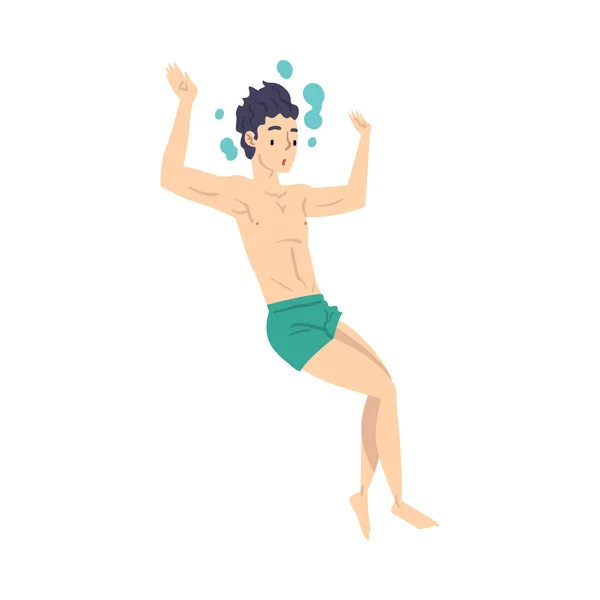 Chico saltando en el agua, Persona en traje de baño Realización de actividades deportivas, Natación en el agua Deporte Dibujos animados Estilo Vector Ilustración — Vector de stock