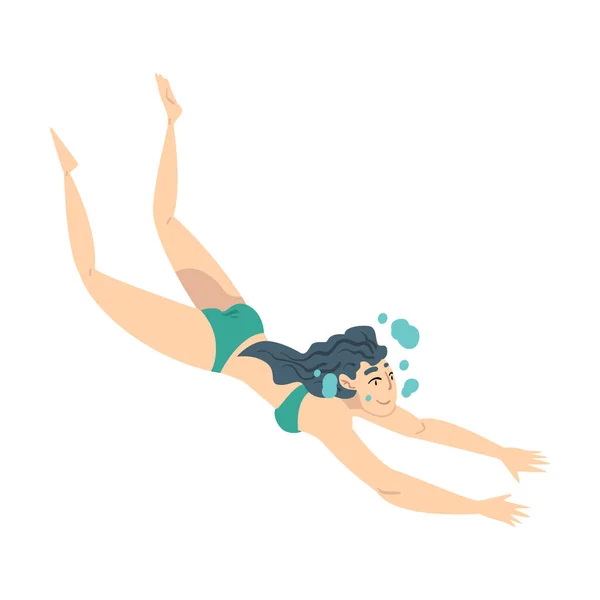 Bella donna che nuota sott'acqua, Ragazza in costume da bagno verde che esegue attività sportive, Illustrazione vettoriale di stile del fumetto di sport acquatici — Vettoriale Stock