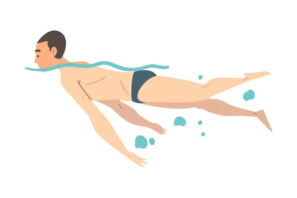 Uomo che nuota, Ragazzo in costume da bagno che esegue attività acquatiche, Illustrazione vettoriale di stile del fumetto dello sport di nuoto dell'acqua — Vettoriale Stock