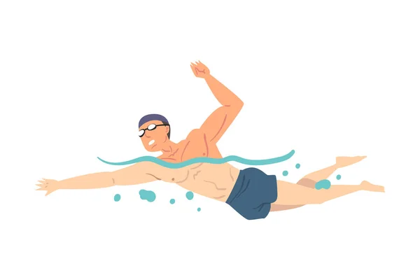 Hombre en la piscina, Persona en traje de baño Realización de actividades acuáticas, Natación acuática Deportes Dibujos animados Estilo Vector Ilustración — Vector de stock