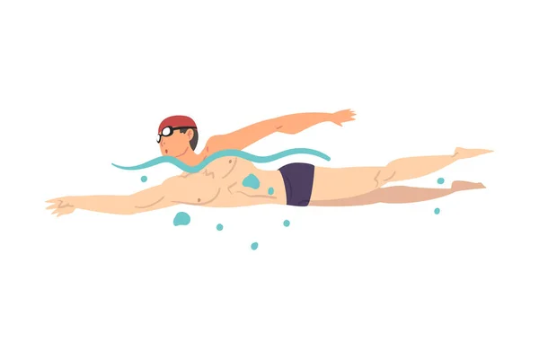 Muž atlet v bazénu, Guy v plavkách provedení vodní aktivity, plavání sportovní karikatura styl vektorové ilustrace — Stockový vektor
