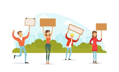 Halkı, Kadın ve Erkekleri Birarada Durduran ve Boş Sancakları Tutan Düz Vektör İllüstrasyonunu Gösterme ve Protesto Etme