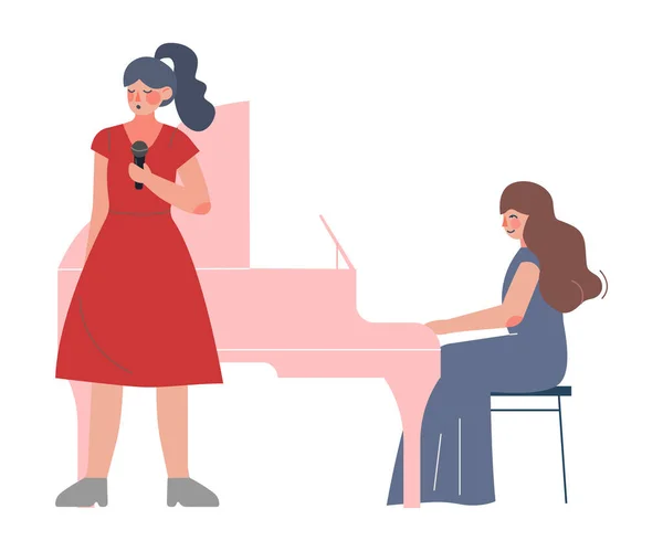 Zanger Vrouw en Pianist, Muzikanten die optreden op het podium Flat Style Vector Illustratie — Stockvector