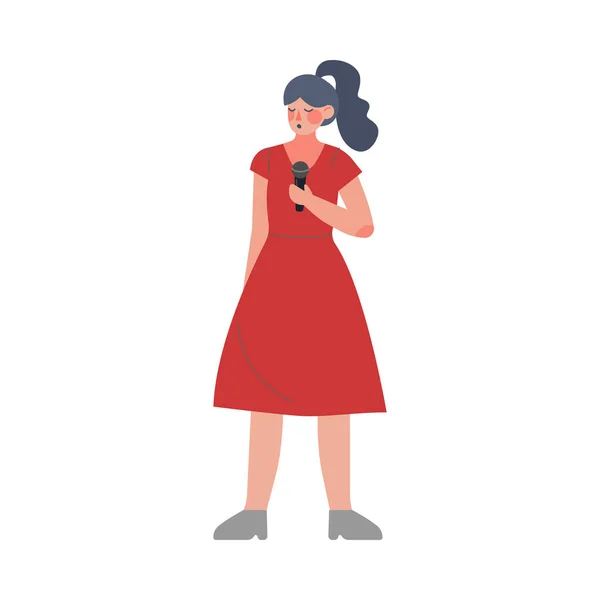 Mujer cantante, hermosa mujer joven en vestido rojo que realiza en el escenario con micrófono estilo plano Vector Ilustración — Vector de stock