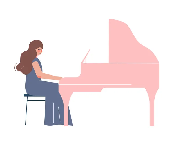 Woman Musician Playing Grand Piano, Classical Music Performer Character with Musical Instrument Flat Style Vector Illustration — Stock Vector