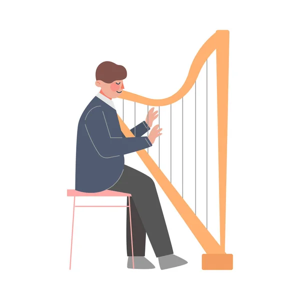 Man Musician Playing Harp, Classical Music Performer Character with Musical Instrument Flat Style Vector Illustration — Stock Vector