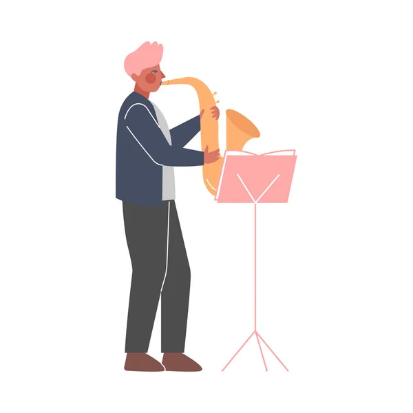 Man Musician Playing Saxophone, Musica classica Interprete Personaggio con strumento musicale Stile piatto Vettore Illustrazione — Vettoriale Stock