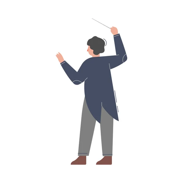 Man Conductor on Stage, muzyk reżyserujący klasyczną instrumentalną orkiestrę symfoniczną Flat Style Vector Illustration — Wektor stockowy