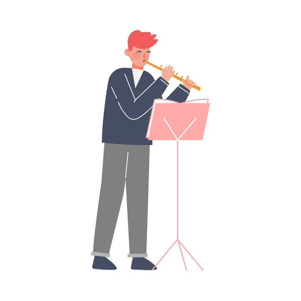 Muž Hudebník hraje na flétnu, klasická hudba interpret postava s hudebním nástrojem plochý styl vektorové ilustrace — Stockový vektor