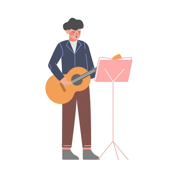 Man Musician Playing Guitar, Classical Music Performer Character with Musical Instrument Flat Style Vector Illustration — Stock Vector