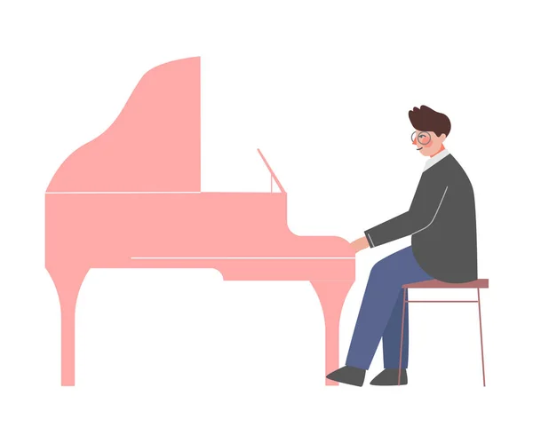 Man Musician Playing Grand Piano, Musica classica Carattere maschile Interprete con strumento musicale Stile piatto Illustrazione vettoriale — Vettoriale Stock