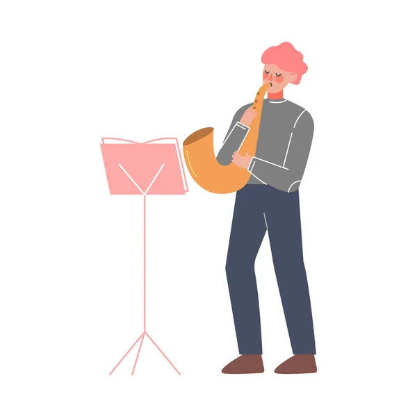 Muž hudebník hraje dechové hudební nástroje, klasická hudba interpretační postava s hudebním nástrojem plochý styl vektorové ilustrace — Stockový vektor