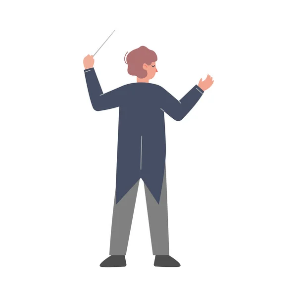 Back View of Man Conductor on Stage, Musician Directing Classic Instrumental Symphony Orchestra Flat Style Vector Illustration — Stock Vector
