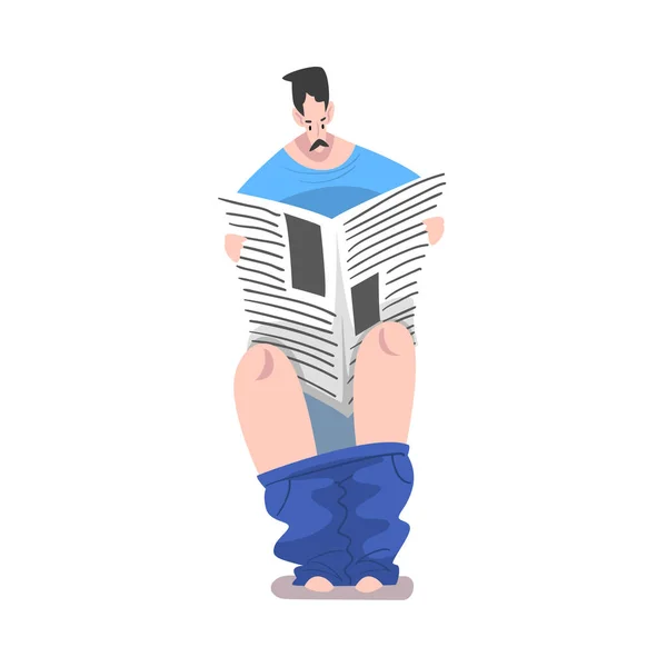 Mann sitzt auf Toilettenschüssel und liest Zeitung, Tagesablauf hygienische Vorgehensweise Cartoon Style Vector Illustration — Stockvektor