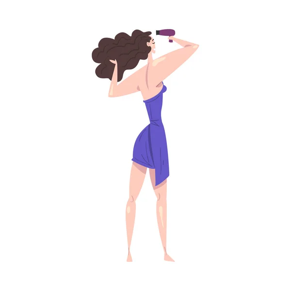 Vista posterior de la niña secándose el cabello con secador de pelo, procedimiento higiénico de rutina diaria ilustración vectorial de dibujos animados — Vector de stock