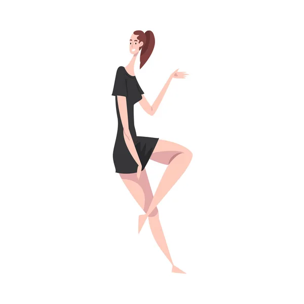 Ung söt kvinna på svart klänning sitter och Gesturing tecknad vektor Illustration — Stock vektor