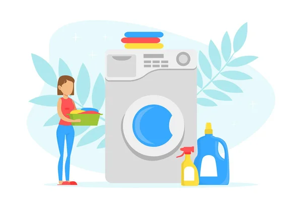 Kleine jonge vrouw laad grote wasmachine in wasruimte, wasproces met schone kleren en afwasmiddel flessen Flat Vector Illustration — Stockvector