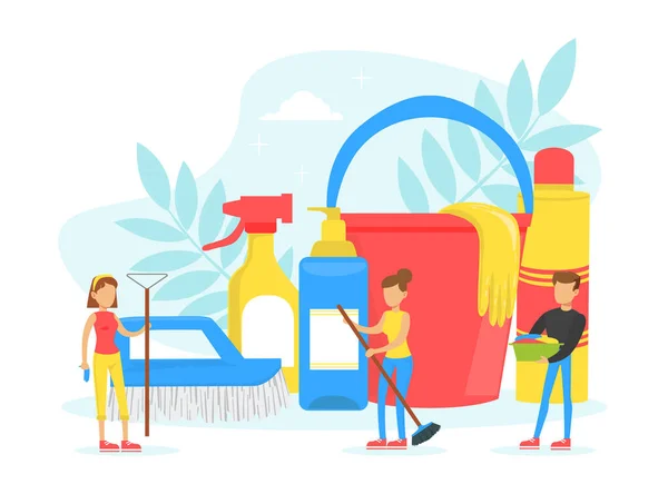 Tiny People Cleaning House with Cleaning Tools, Housekeping and Cleaning Service Concept Flat Vector Illustration — Διανυσματικό Αρχείο