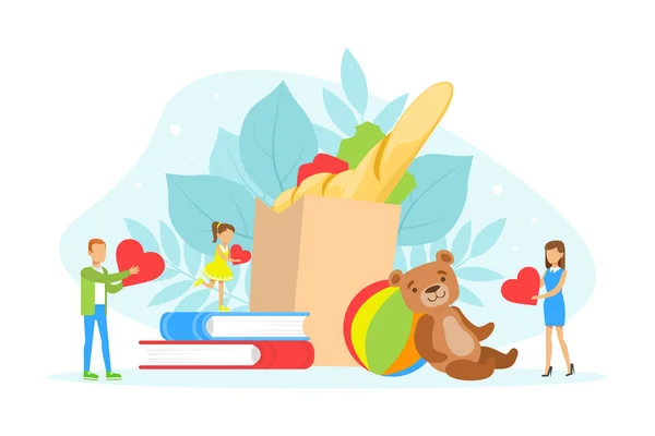 Piccole persone che donano prodotti alimentari, giocattoli e libri per beneficenza, volontariato e carità Concept Flat Vector Illustration — Vettoriale Stock