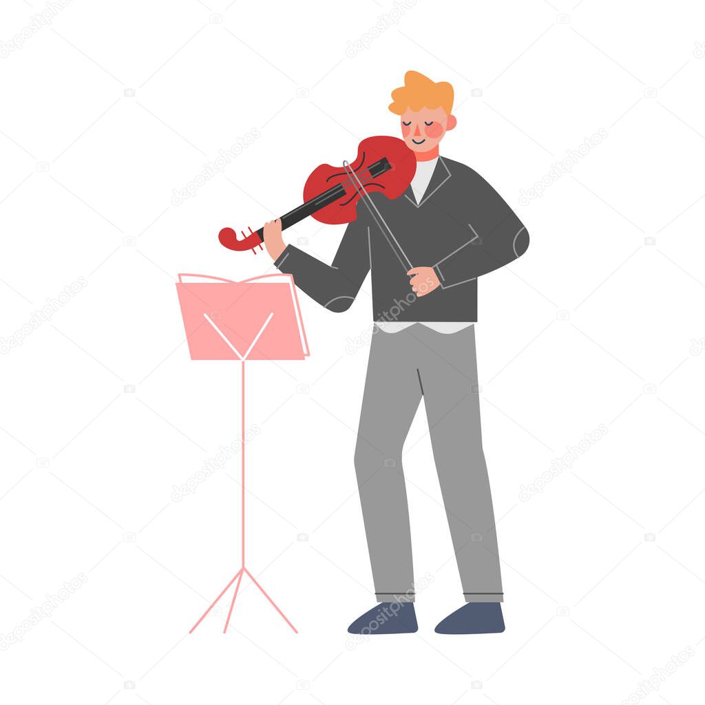 Man Musician Playing Violin, Classical Music Performer Character with Musical Instrument Flat Style Vector Illustration