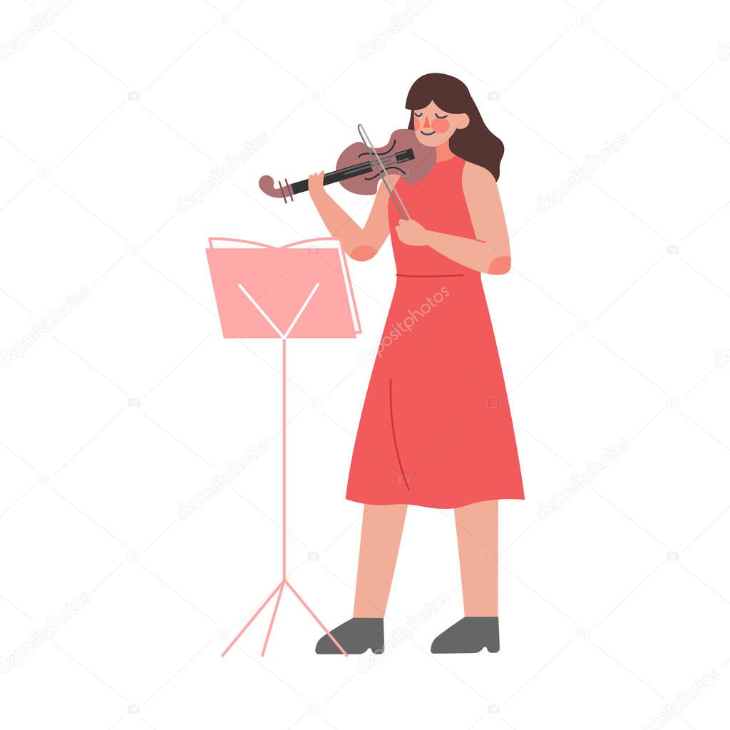 Woman Musician Playing Violin, Classical Music Performer Character with Musical Instrument Flat Style Vector Illustration